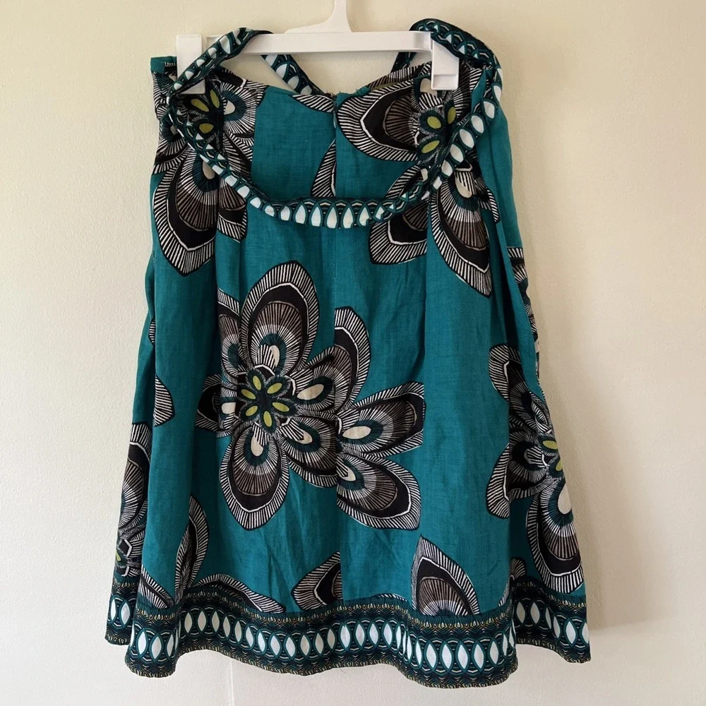 East 5th A-Line Skirt Sz 10 Boho Linen Blend Teal Floral Belt Pleated‎ Tie Belt
